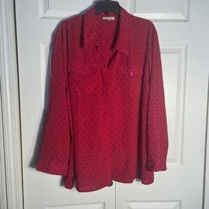 Serengeti Polka Dot Shirt Womens 3X Red Black Button Up Long Sleeve Blouse Top